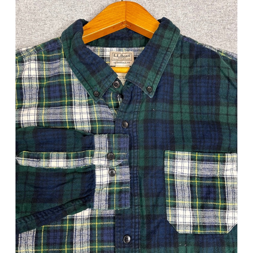 LL Bean Flannel Shirt Mens XXL Green Colorblock Plaid Patchwork Button Down